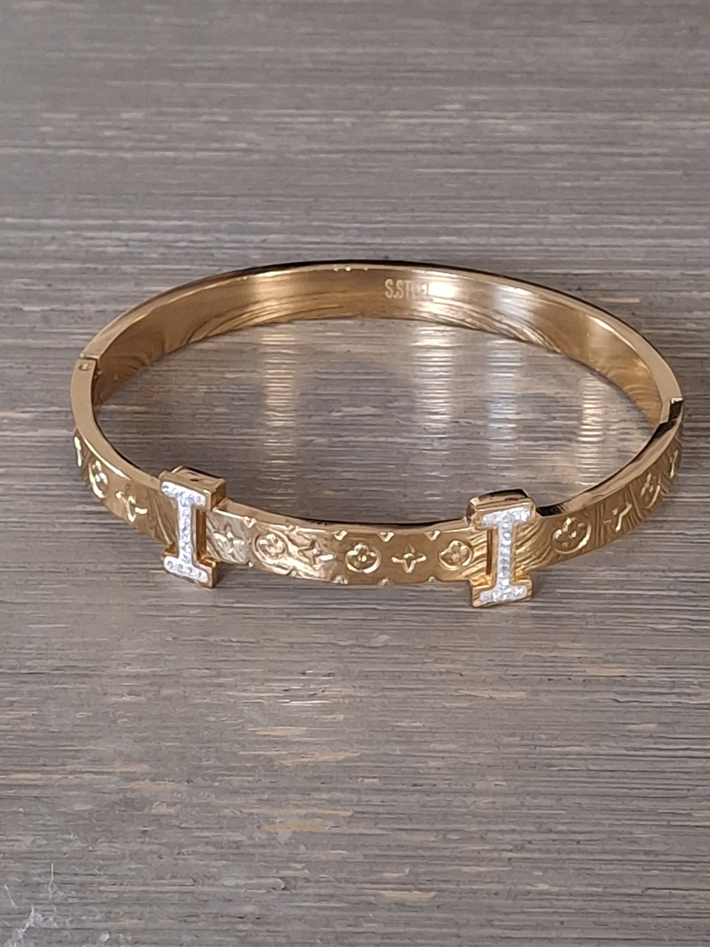 Gold-Tone Women's Hinge Bracelet with Pavé 'I' Accents